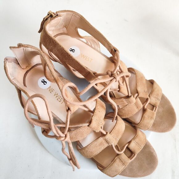 Nine West Sandals Size 8 M Wedge Gladiator Strappy Beige Lace-up Zip Neutral - Picture 9 of 11